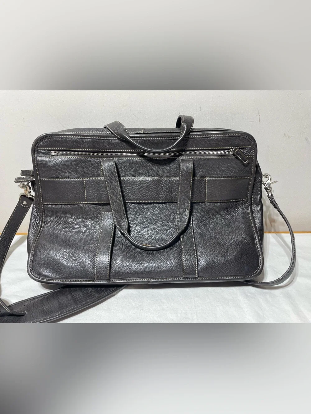 Levenger Bomber Briefcase Brown Pebbled Leather Expandable Laptop Messenger Bag